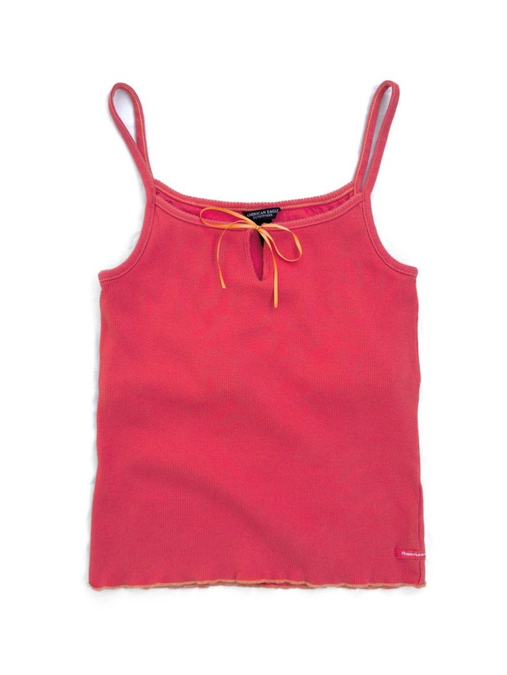 00s American Eagle Red-Orange Ribbed Shelf Bra Ribbon Bow Keyhole Camisole Top